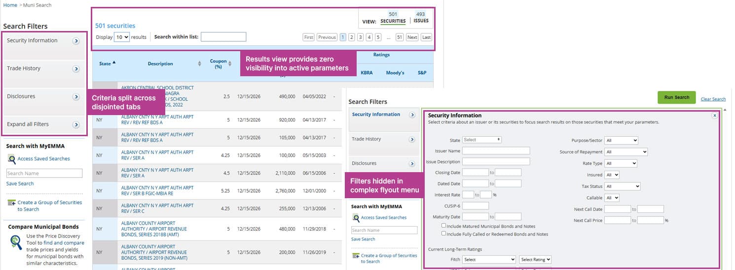 image of advanced search screen that needed updating with callouts around results view not providing zero visibilty into active parameters, search criteria being split across disjointed tabs, and a second image of the expanded flyout filter menu showing that filters are being hidden within a complex flutout menu