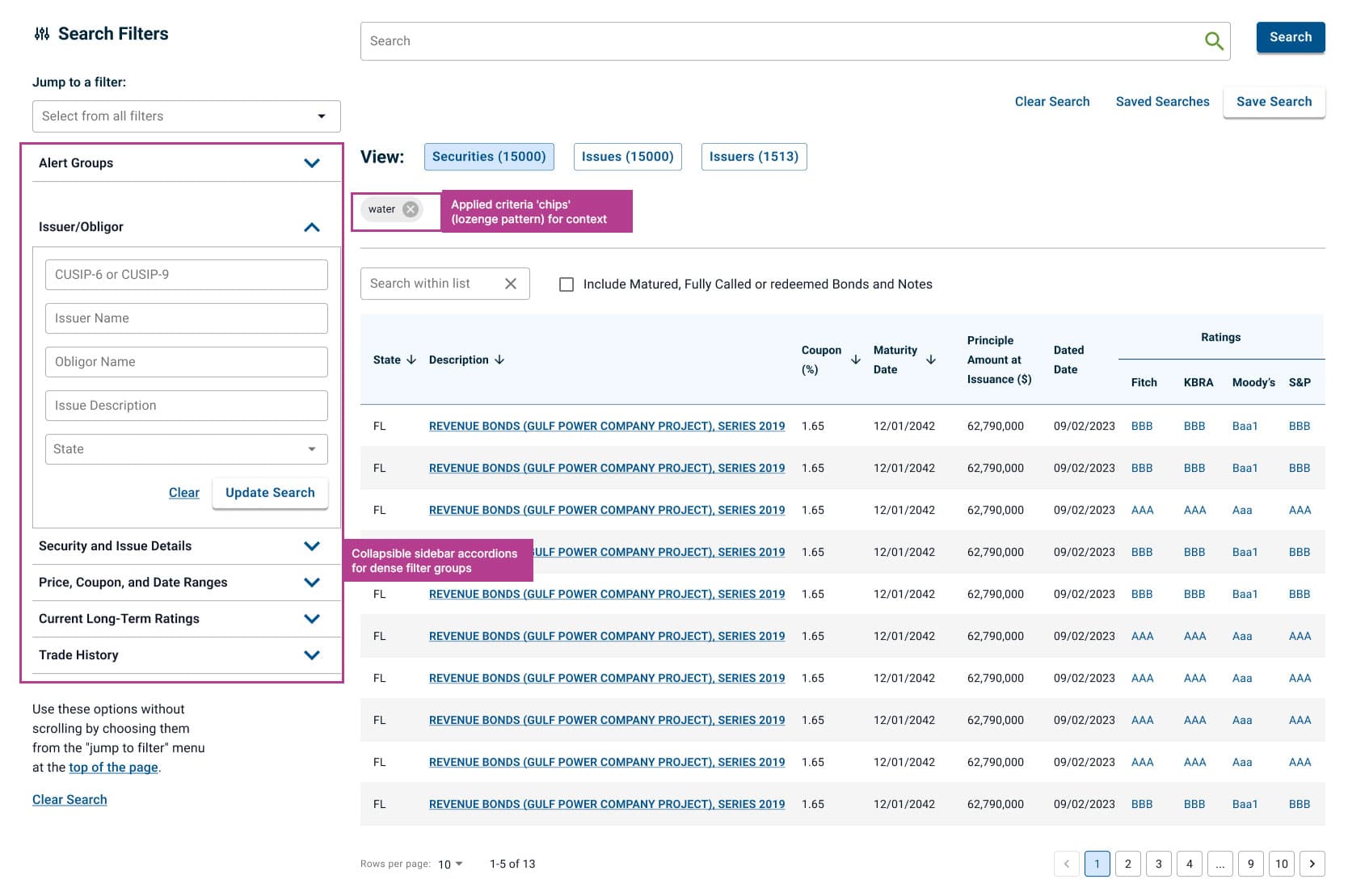 first design iteration mockup with highlights pointing at in the inclusion of applied search criteria chips for result context and changing the flyout menu to a series of collapsible accordions in the left sidebar to keep filters visible throughout search flow
