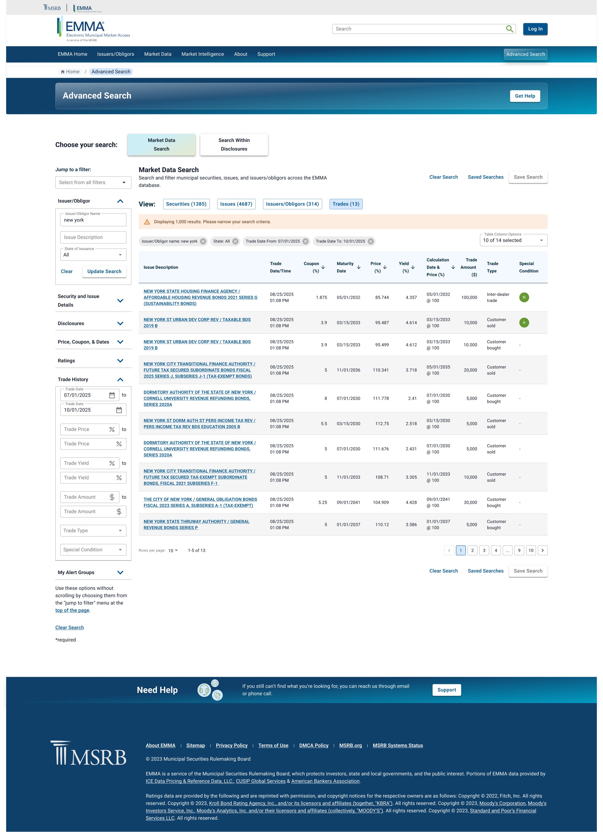 final high fidelity mockup - Market Data Search Results for Trades