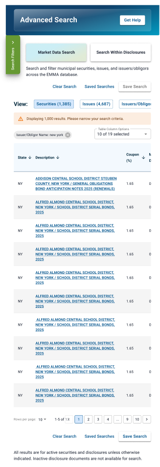 final high fidelity mockup - Market Data Search Results for Securities in tablet view