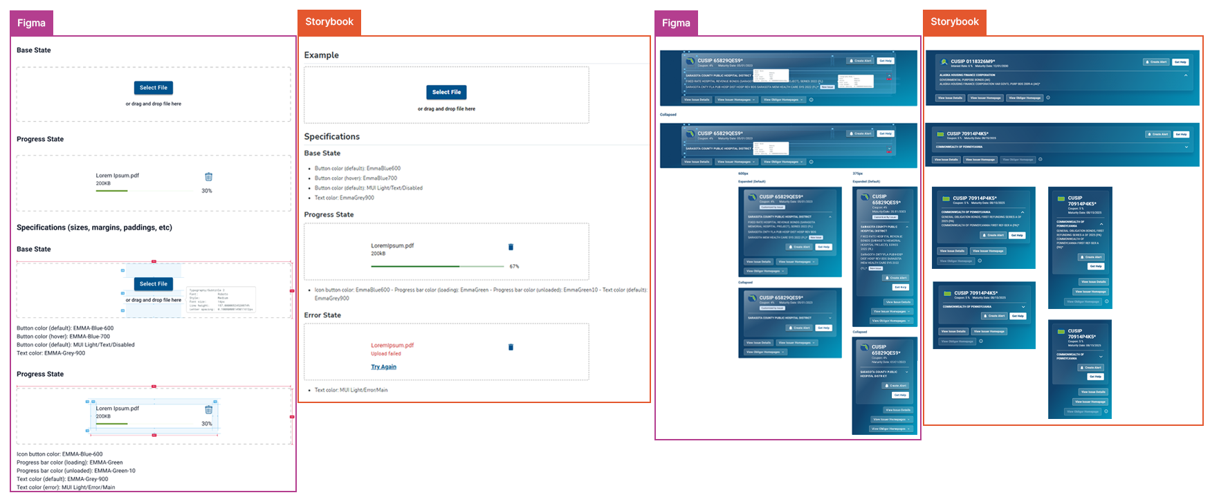 Examples of two separate components documented in Figma on the right and Storybook on the left. Components showcased are a custom designed file upload and one of the primary page headers.
