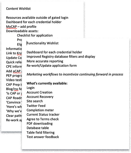 two text file lists: a content wishlist and a functionality wishlist overlapping it